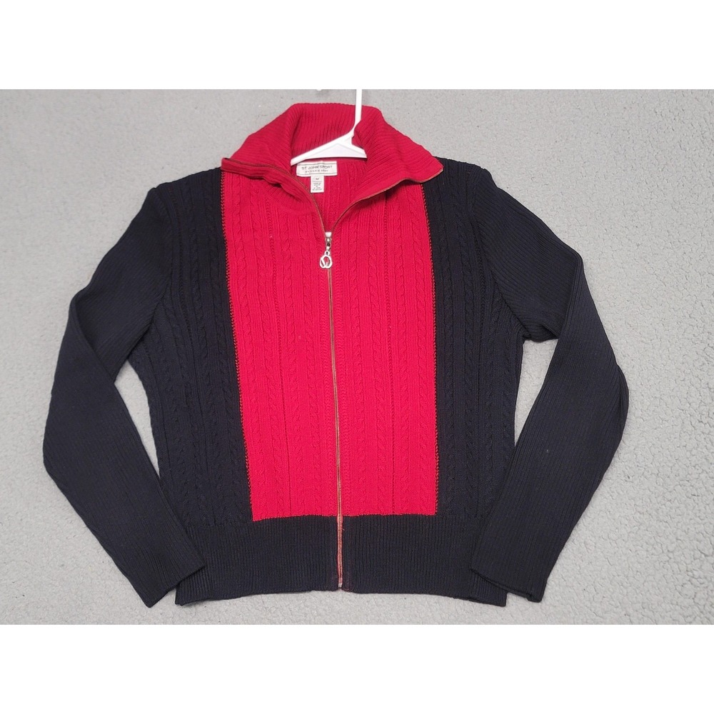St John Sport Sweater Womens Medium Black Red Zip Up Cable‎ Knit Cardigan